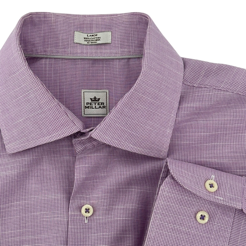 Peter Millar Mens Large Purple Gingham Button Up Long Sleeve Dress Shirt Cotton